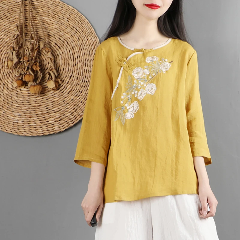 Рубашка с цветочной вышивкой в китайском стиле высокое качество Mujer топы рукавом