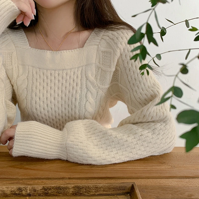 RealShe топы свитера для женщин квадратный воротник длинный рукав однотонный