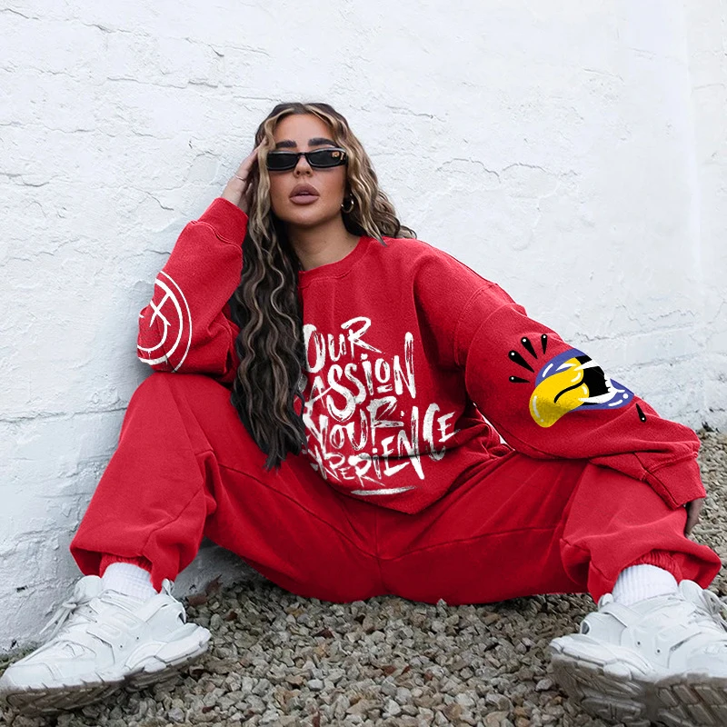 

Streetwear Two Piece Sets Women Harajuku Print Long Sleeve O-Neck Pullover Tops + Loose Casual Sport Outfit Fashion Female Sets