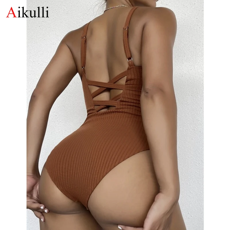

Brown Ribbed One Piece Swimsuits Women 2022 Solid Color Swimwear New Sexy V-Neck Monokin Bodysuit Bathing Suits Summer Beachwear