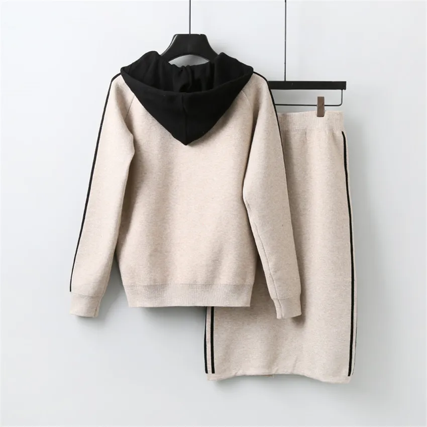 Gowyimmes Autumn Two Piece Women Knitted Sweater+Split Skirt Lady Long Sleeve Hooded Sweaters Tops Female Winter Bottomings 479 | Женская