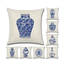 new chinese style green vase printing pillow case custom home decoration linen pillowcase car waist cushion cover