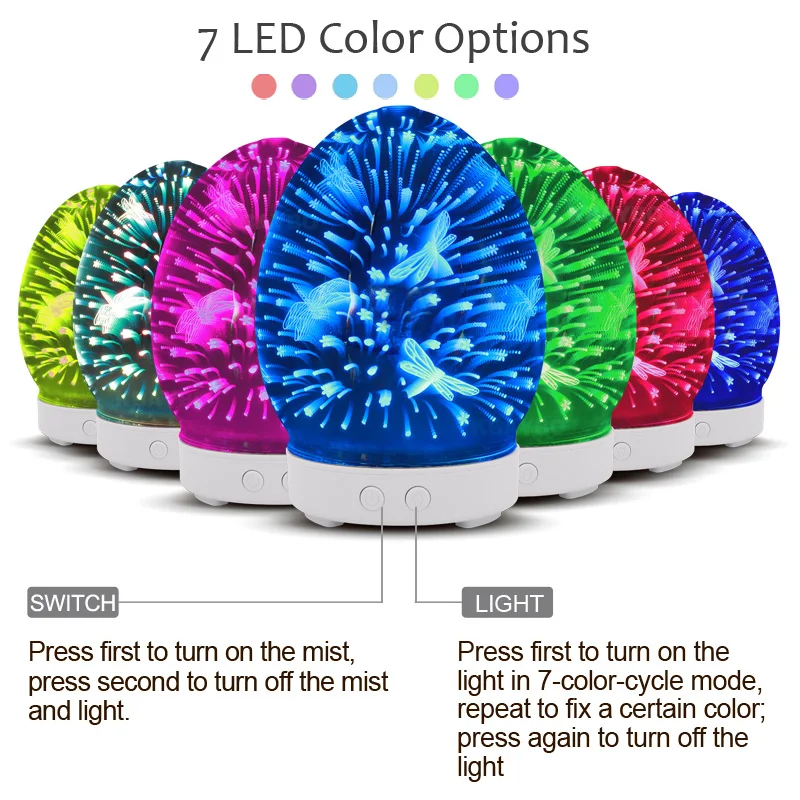 

ultrasonic air humidifier glass diffuser with 7 color LED night light mist maker atomizer