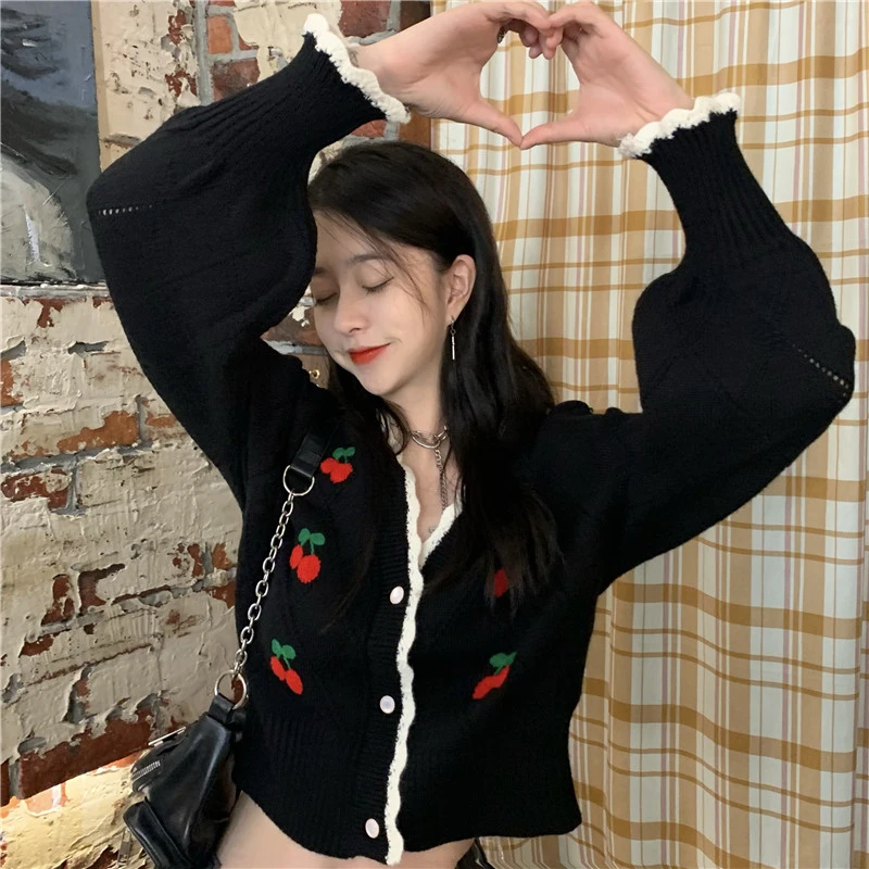 

Fashion Sexy Women Single Breasted Coat Cardigans Knitted Cherries Embroidery Long Sleeve V-Neck Cropped Sweater Tops Y276