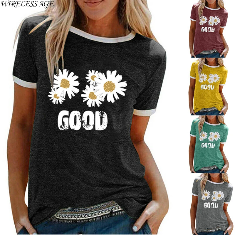

WIRELESS AGE T Shirt Women Short Sleeve Round Neck Loose Chrysanthemum Letter Printed Casual Lady Tops New Summer Fashion Wild