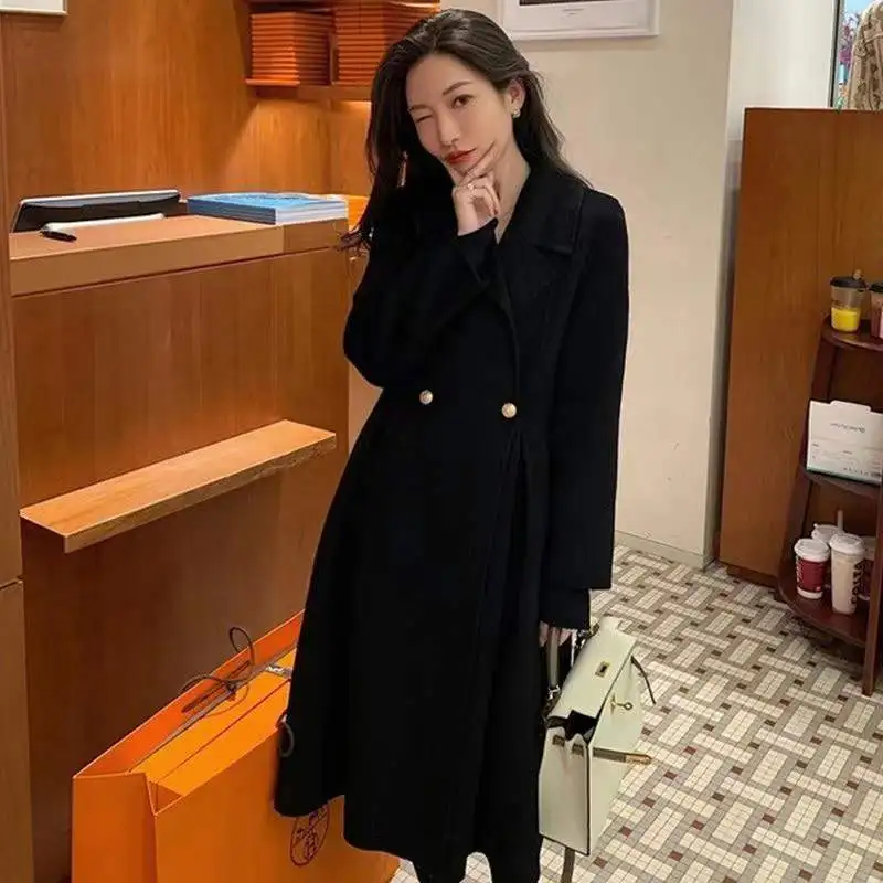 Женское длинное пальто элегантное шерстяное с поясом однотонное в Корейском