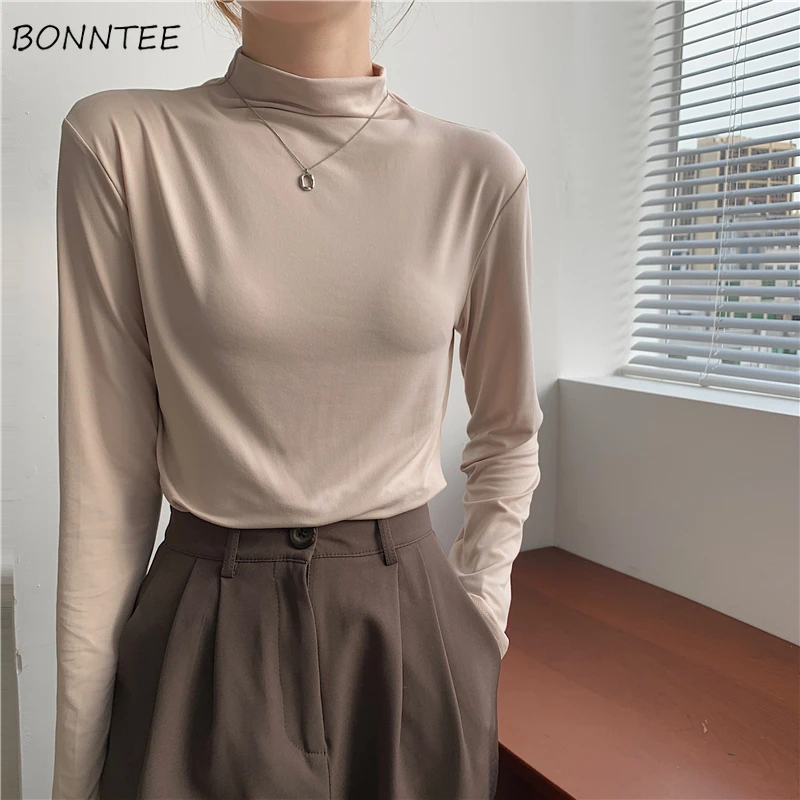 

Sweater Women Mock Neck Autumn New Skinny All-match Solid Simple Fashion Various Colors Casual Pullovers Soft Cozy Retro Mujer
