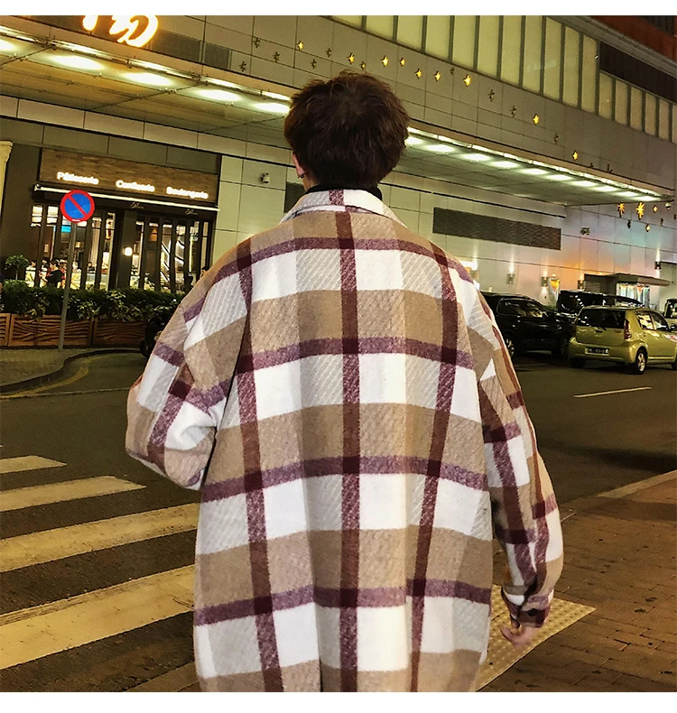 Fashion Mens woolen coat Red Khaki Loose plaid jacket Autumn Spring Winter