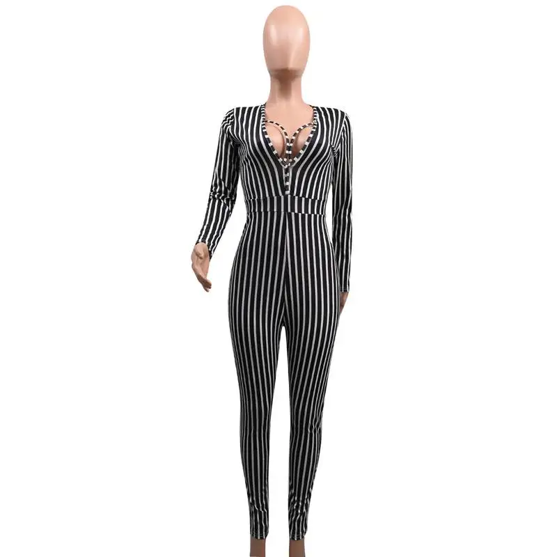 Черный белый полосатый сексуальный комбинезон с повязкой для женщин глубокий