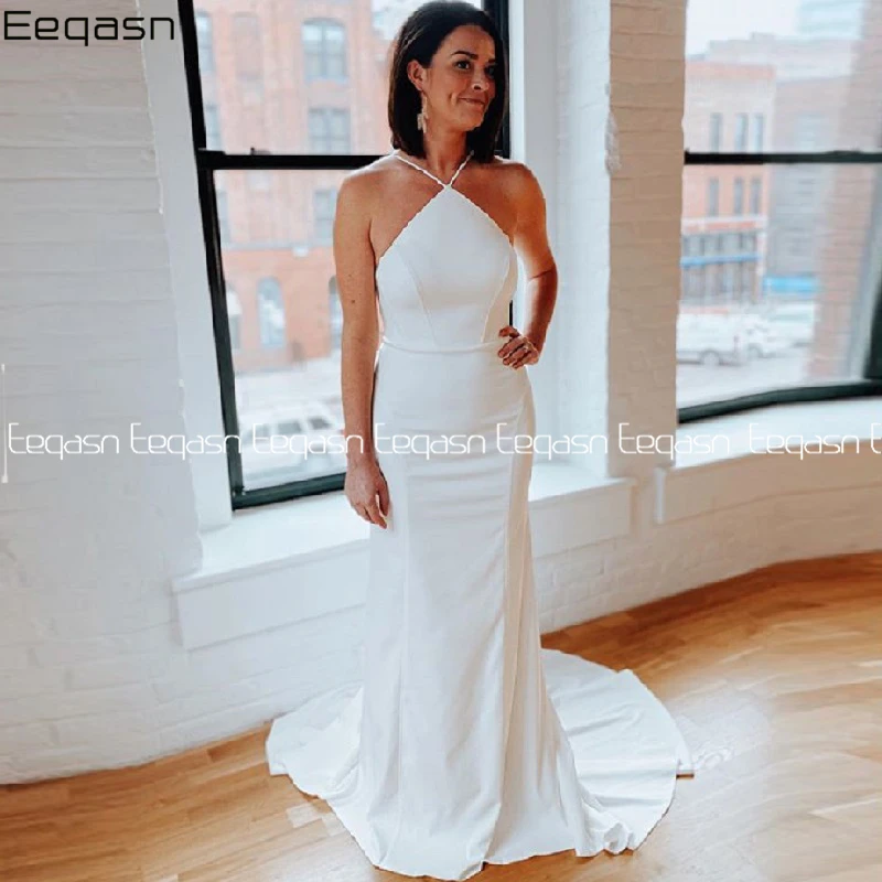 

Женское свадебное платье-Русалка Eeqasn, простое эластичное атласное платье с лямкой на шее и шлейфом в пол, свадебное платье невесты, Индивиду...