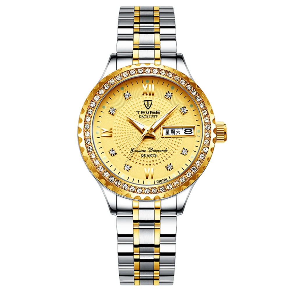 White Gold TEVISE T807BL кварцевые часы для женщин водонепроницаемые наружные ночные циркониевые украшения браслет из нержавеющей стали минеральные женские наручные часы - Цвет: White Gold