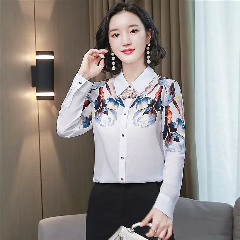 

Chiffon Women's Blouse Print Polo Shirt Spring Autumn Long Sleeve Top Fashion Casual Clothing Houthion