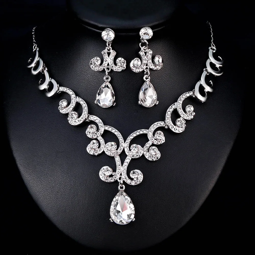 2pcs FARLENA покрытые серебром, изысканные лозы, корона, ожерелье, серьги, набор для невесты, Модный с кристаллами, со стразами, свадебные ювелирные наборы - Окраска металла: 2pcs