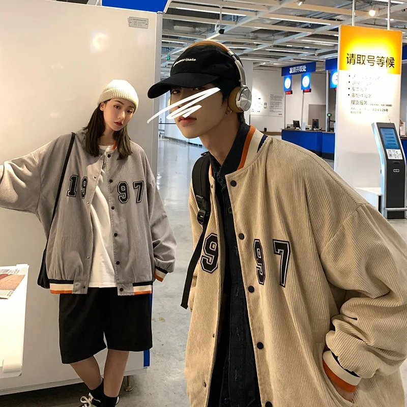 

Couple Corduroy Jacket Mens Spring Autumn Loose Thick Baseball Jacket For Male Handsome Letter Print Jacket Couple Clothes S-2XL