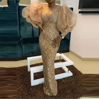 plus size lace prom dress long puffy sleeses mermaid evening dresses arabic aso ebi robes de soiree champagne formal party gowns