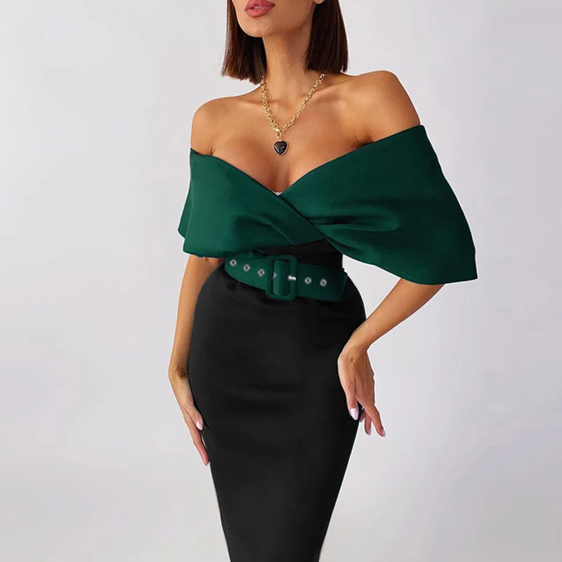 

Sexy Women V Neck Off Shoulder Party Club Dress Elegant Solid Bodycon Long Dress Fashion Spring Autumn Belted Wrap Office Dress