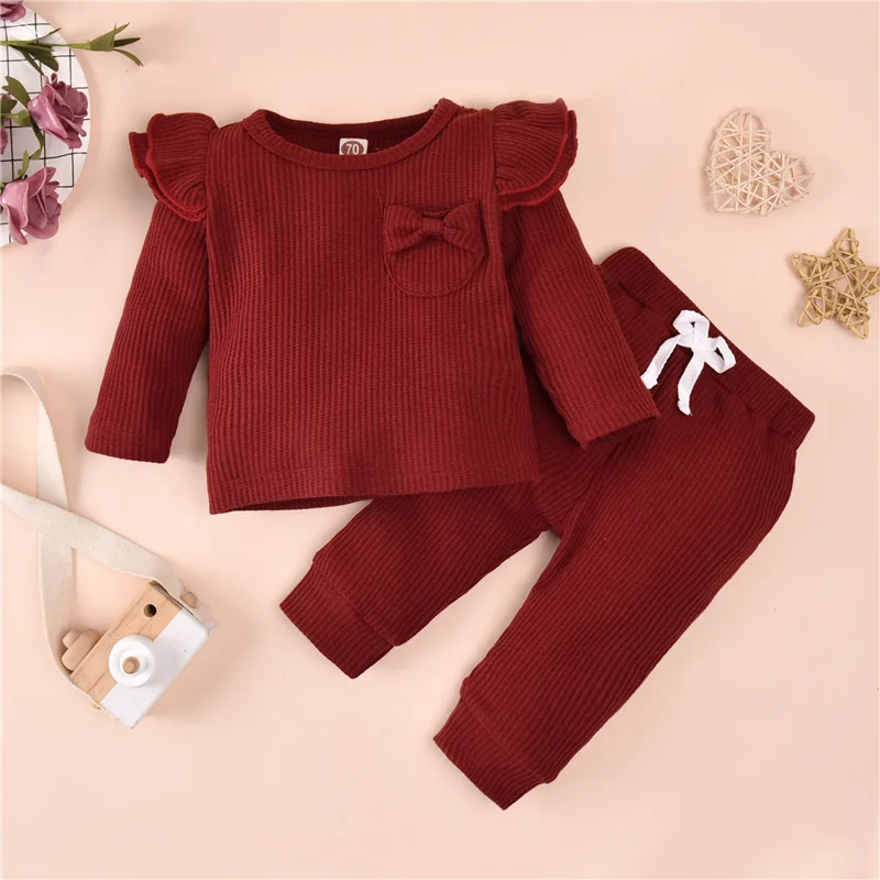 

Spring Fall Baby Girls Clothes Set 3Clolor Long Sleeve Flying Sleeve O-neck Tops Bow-knot Pocket Drawstring Long Pants 0-18M