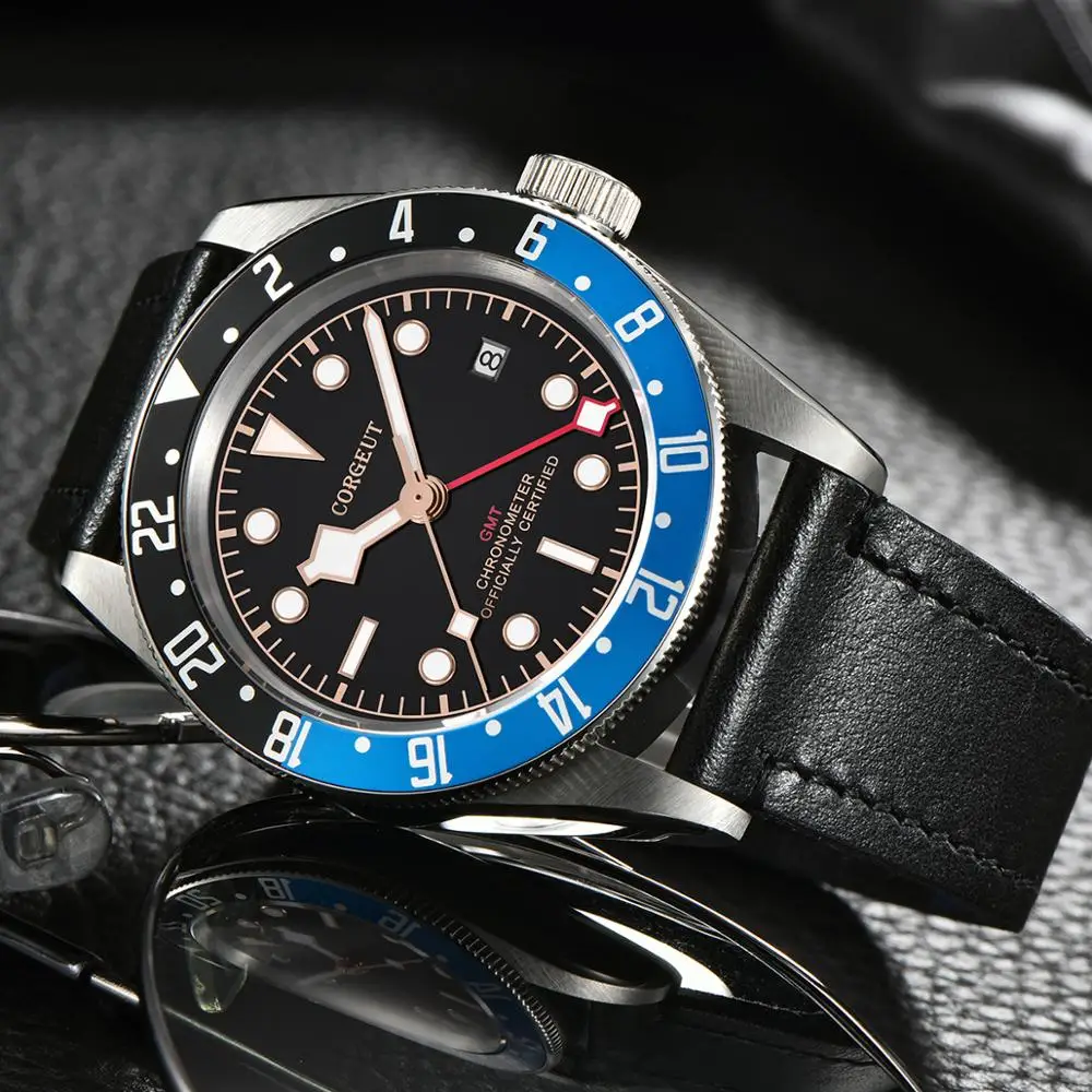 Corgeut 41 мм Мужские часы GMT автоматические механические наручные Дата сапфировое