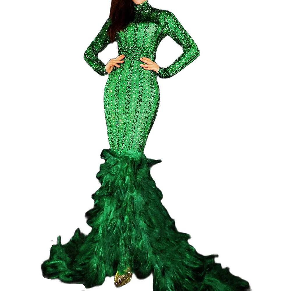 

Блестящие стразы, длинные платья с зелеными перьями, облегающее эластичное женское платье, танцевальная одежда для ночного клуба, певицы, в...