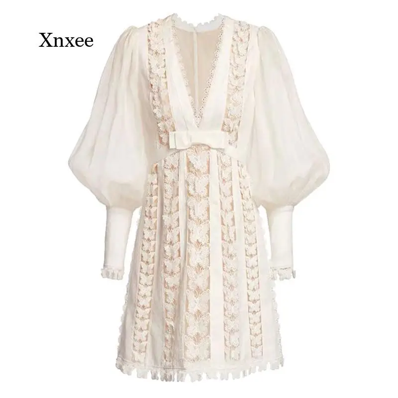 

Butterfly Bow Lace Midi Dress Women Mesh Long Lantern Sleeve V Neck Low Cut Sexy French Court Lady Bodycon Robe Vestido Clothing