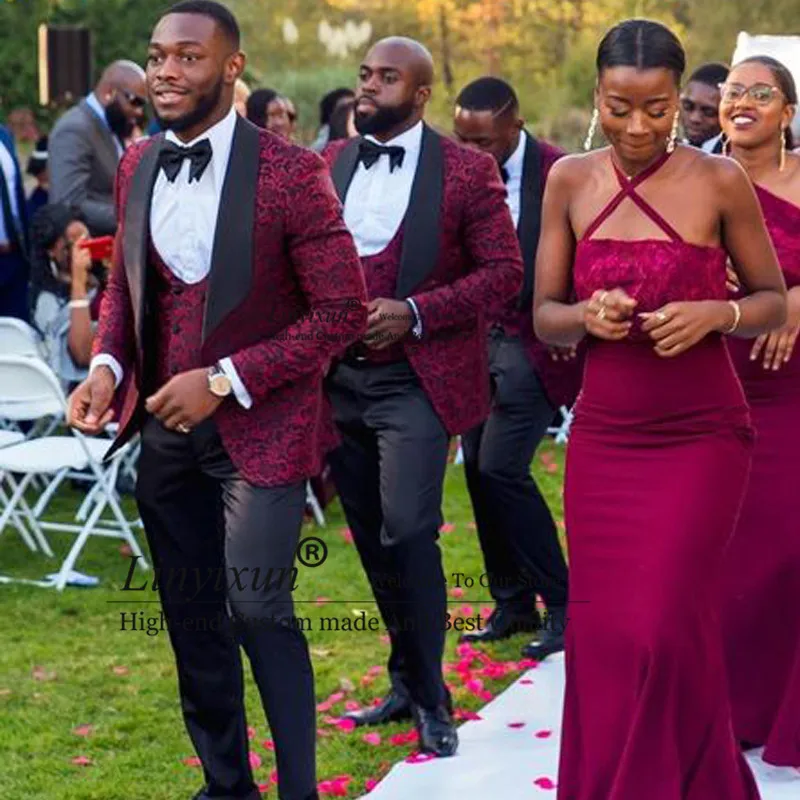 African Floral Burgundy Jacket 3 Pieces Men Suits for Wedding Groom Tuxedos Slim Fit Set Groomsmen Blazer Costume Homme mariage