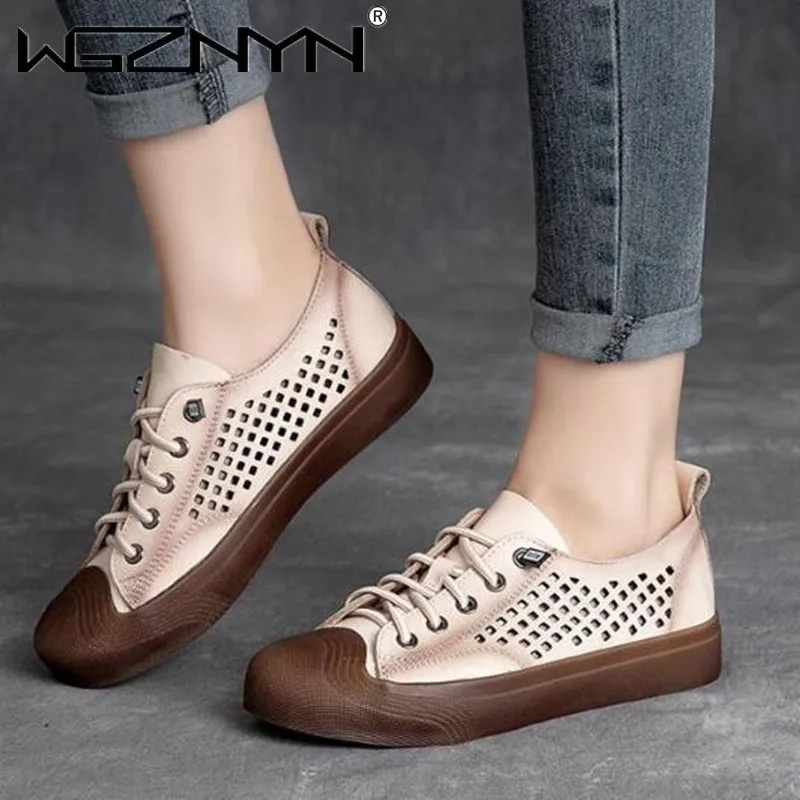 

Women Leather Hollow Out Shoes Round Toe Retro 2021 Summer Shoes Simple Flats Handmade Genuine PU Leather Lazy Shoes Comfortable