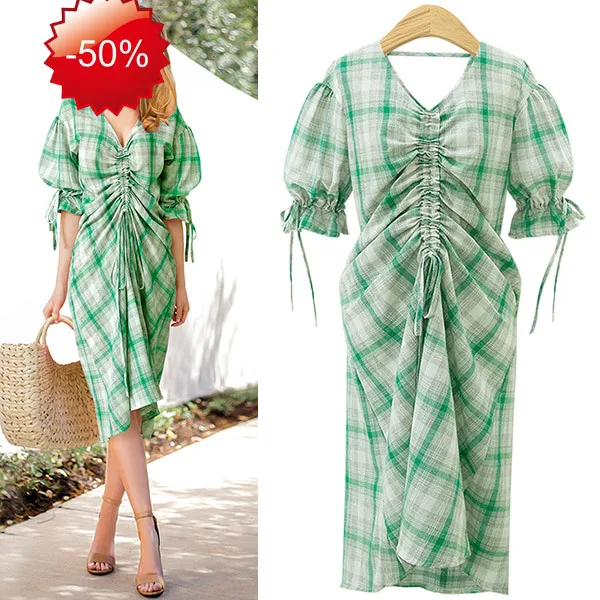 Женское клетчатое платье повседневное свободное миди с v-образным вырезом и