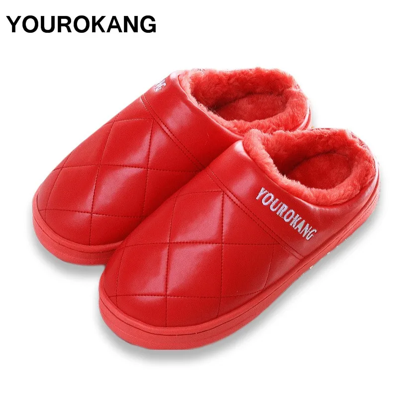 

YOUROKANG Home Slippers Unisex PU Leather Winter Warm Cotton Slipper Fashion Furry Plush Shoes Indoor Bedroom Antiskid pantufa