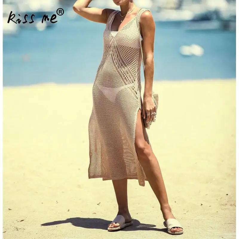 Хлопковое пляжное платье с разрезом по бокам сексуальное бикини открытой спиной