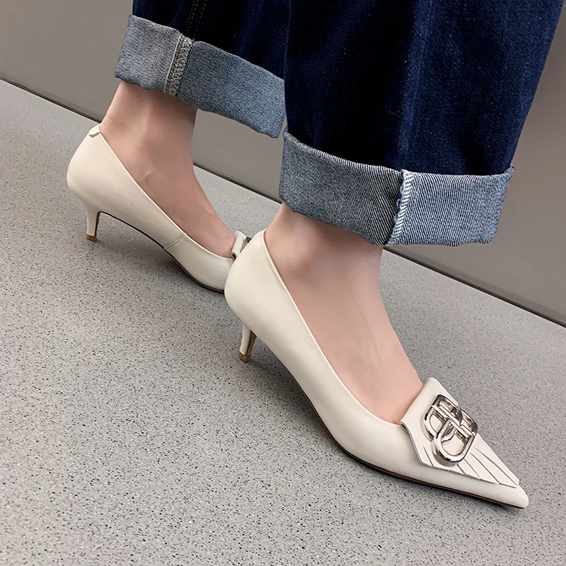 

2021 New Arrival 5cm Thin Heels Genuine Leather Office Ladies Career Pointed Toe Pumps Black Shoes Female All Season Work Shoes