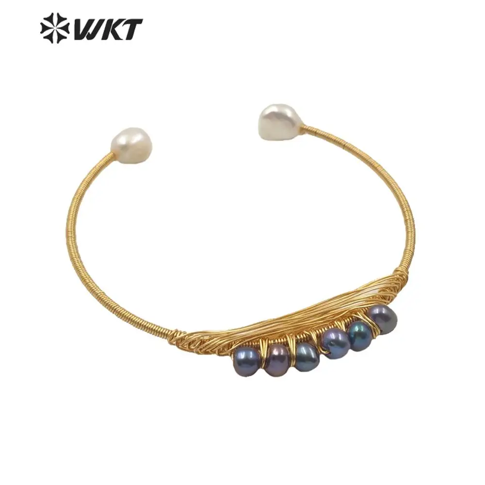 

WT-MPB016 Fashion natural freshwater pearl wire wrapped tiny charm cuff bracelet bangle gold fashion jewelry women bangle