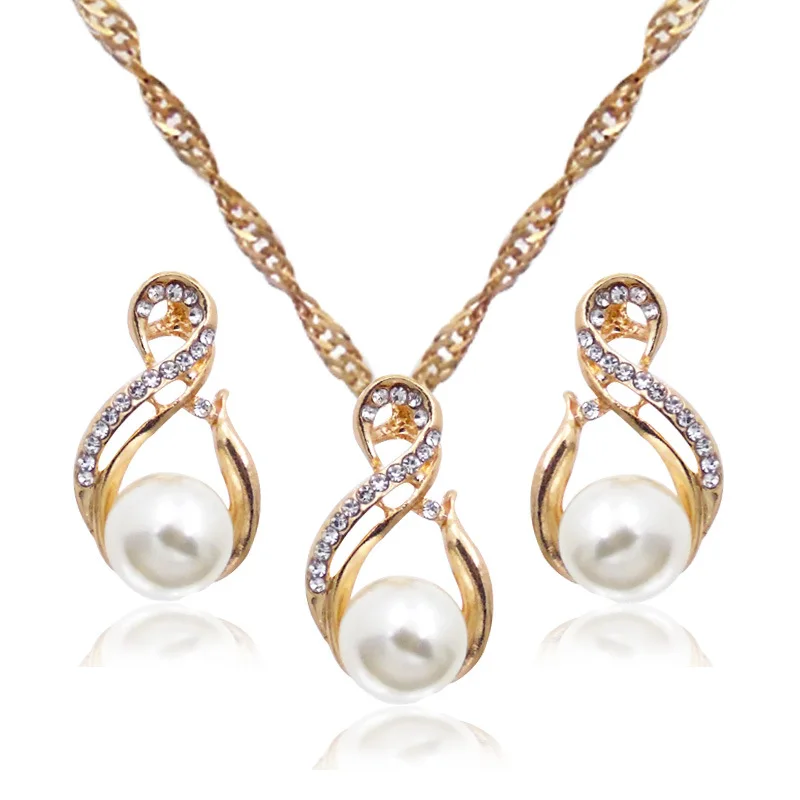 

European and American New Geometric Figure Eight Pearl Necklace Earrings Set Wedding Bridal Accessories Fashion Jewelry Gift