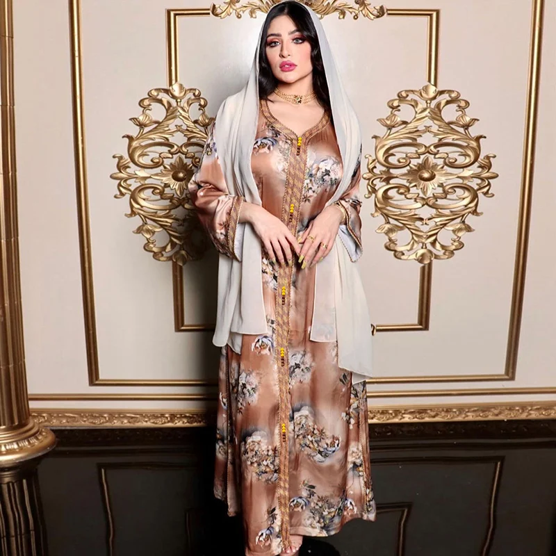 Maxi Caftan Islamic Dress Woman Abaya Dubai Turkey Muslim 2022 Print Long Evening Dress Kaftan Marocain Turkish Jilbab Clothes