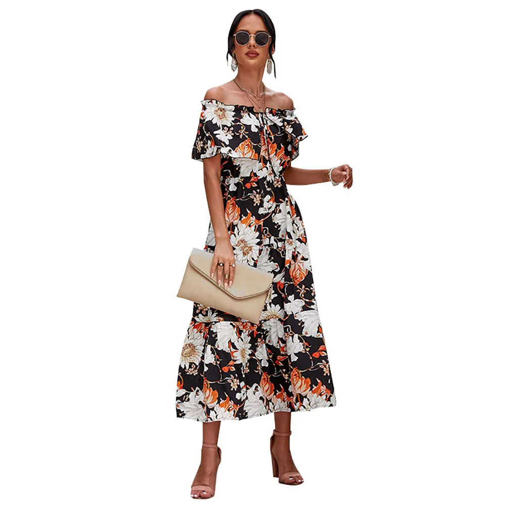 

2021 Hot-Selling Good Quality Women's Summer Fashion Casual Loose Short-Sleeved One-Shoulder Printed Long Dress