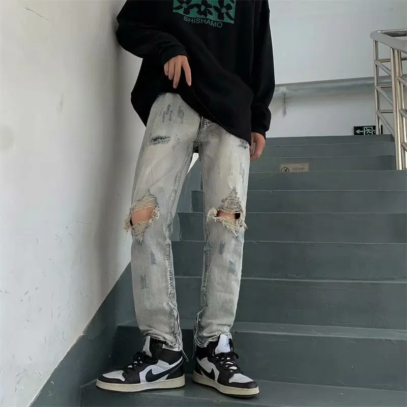 Men Retro Fashion Jeans Pants Korean Version Of The Loose Fashion Comfortable Shopping Summer Hole Straight Leg Jeans Pants