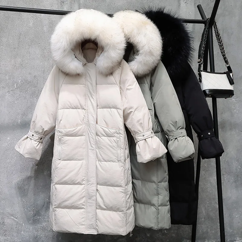 

2019 New Winter Jacket Women Down Jacket White Duck Down Jacket Thick Warm Big Fur Collar Hooded Female Long Parka Coat M404