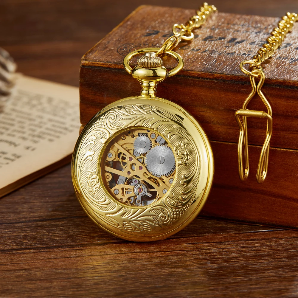 Gold Mechanical Hand Wind Antique Pocket Watch Exquisite Roman Numerals Display Luxurious Atmosphere Pendant Clock Gifts Elder