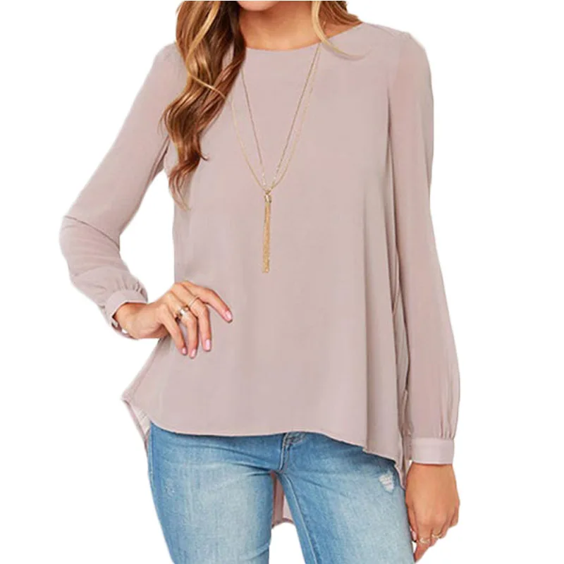 

Ladies spring new solid color round neck loose long-sleeved chiffon T-shirt