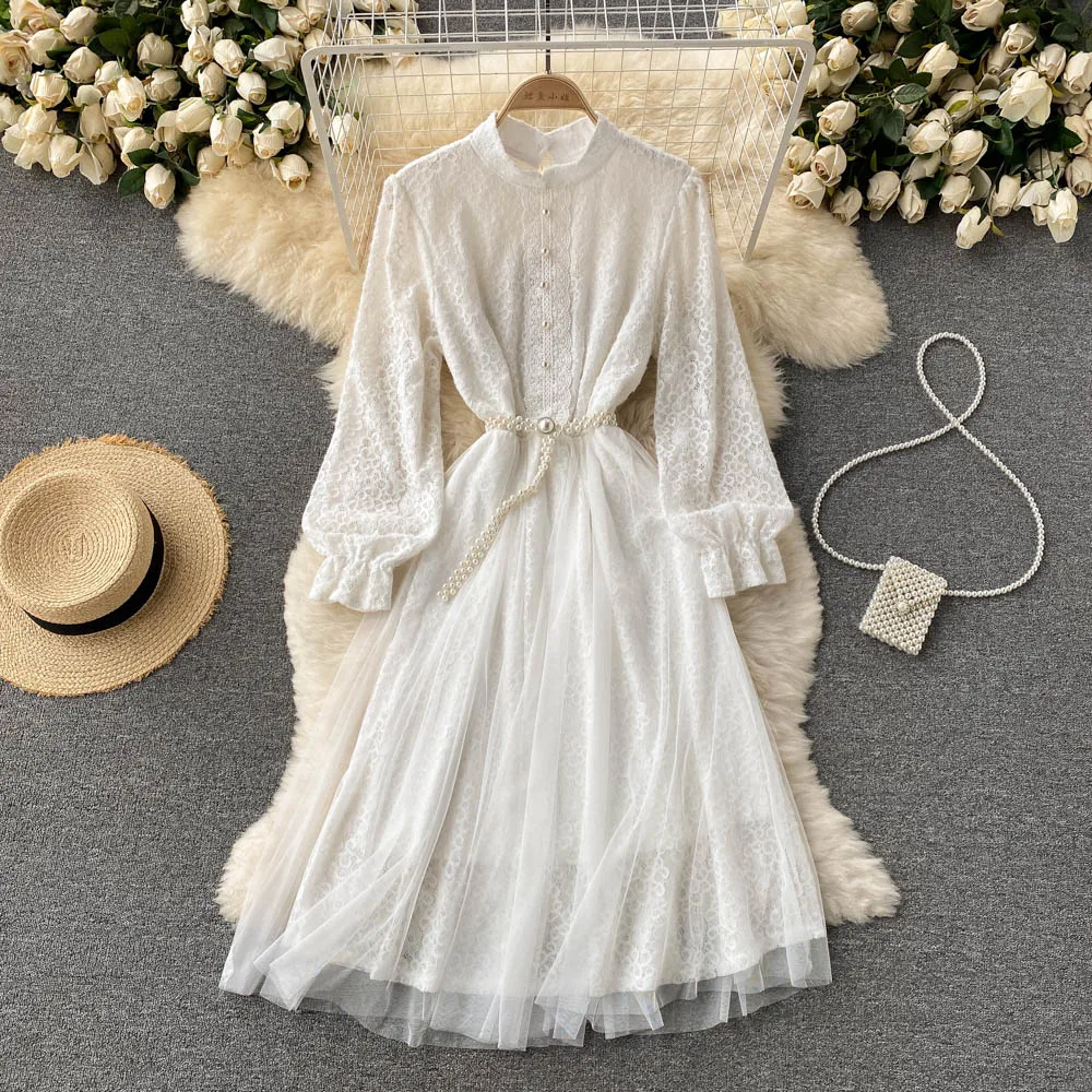 

Женское кружевное Сетчатое платье, Элегантное однобортное праздничное платье-трапеция бежевого/черного/белого цвета с воротником-стойкой,...