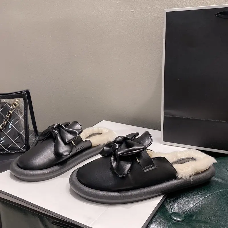 

2020 New Winter Women's Boots Fashion Put-on Low-heel Bow PU Shoes Round Toe Flat Warm Women's Ankle Boots Zapatos De Mujer