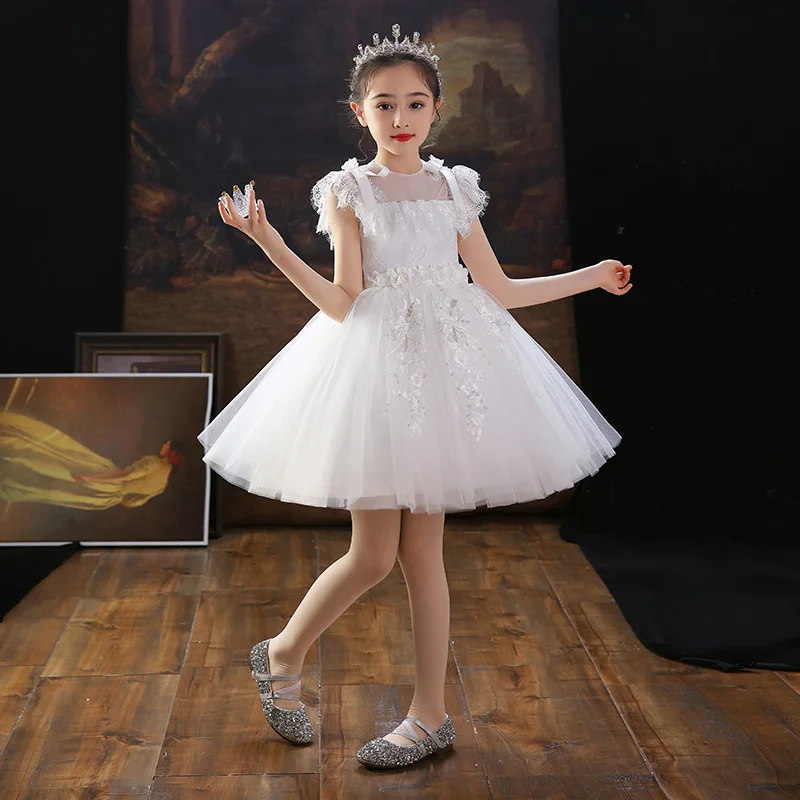 

Girls White Birthday Party Dresses Elegant O-Neck Princess Puffy Tulle Short Flower Girl Dresses First Communion Dresses