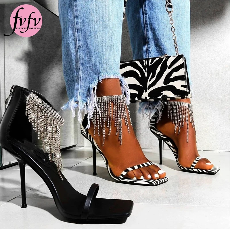 

[fvfv]summer black zebra Sandals Tassel Crystal Wedding Shoes Women 2021New Bridal Shoes High Heels Thin Heeled Rhinestone Shoes