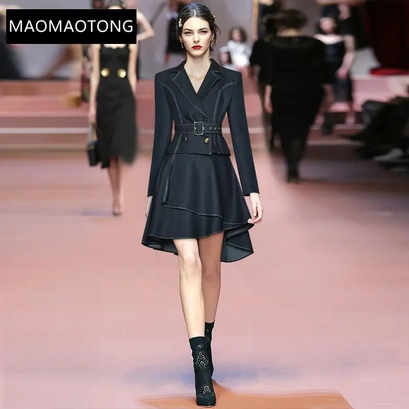 

Fashion Designer Autumn Two-Piece denim Skirt Suit Women Long sleeve Sashes Double breasted Top＋Asymmetrical Skirt Set