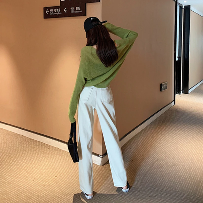 

Women Vintage Loose Straight Beige Jeans Spring Autumn 100% cotton Denim High Waist Wide Leg Pants