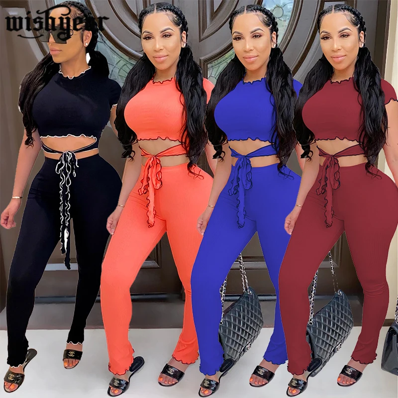 

Женский спортивный костюм из двух предметов, летний костюм с топом на шнуровке с оборками и расклешенными брюками, одежда для фитнеса и улиц...