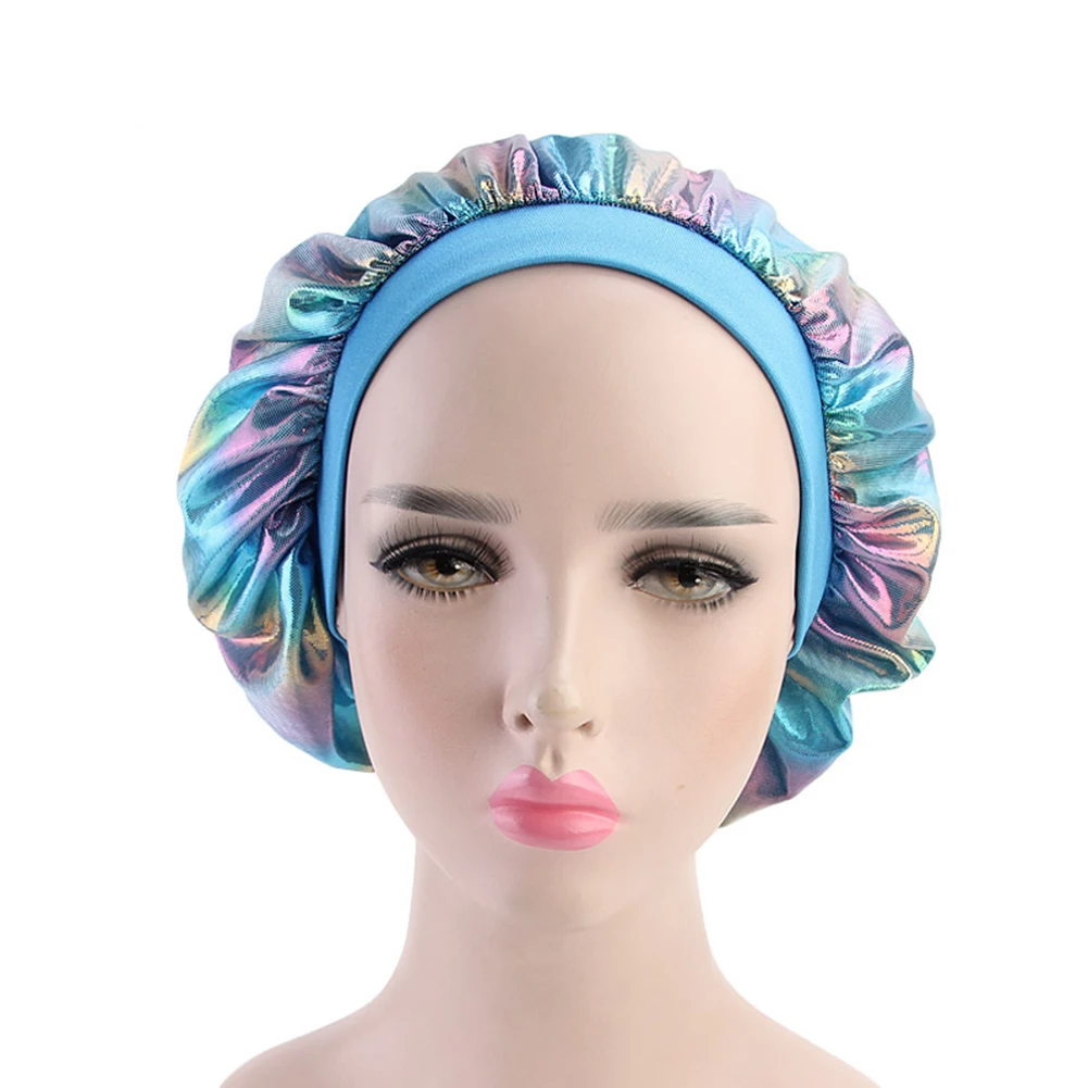 

Fashion Women Laser Satin Bonnet Wide Band Cap Night Sleep Hair Loss Chemo Cap Head Coverings Hair Accessories Wholesale
