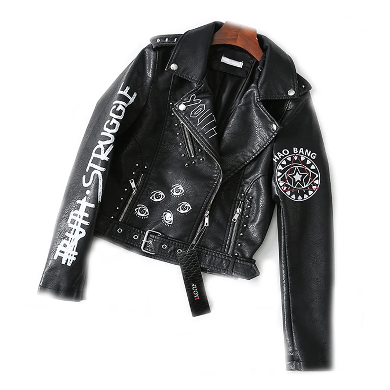 

Весенняя куртка из искусственной кожи в стиле панк, женская модная брендовая приталенная мотоциклетная одежда в уличном стиле с принтом, ко...