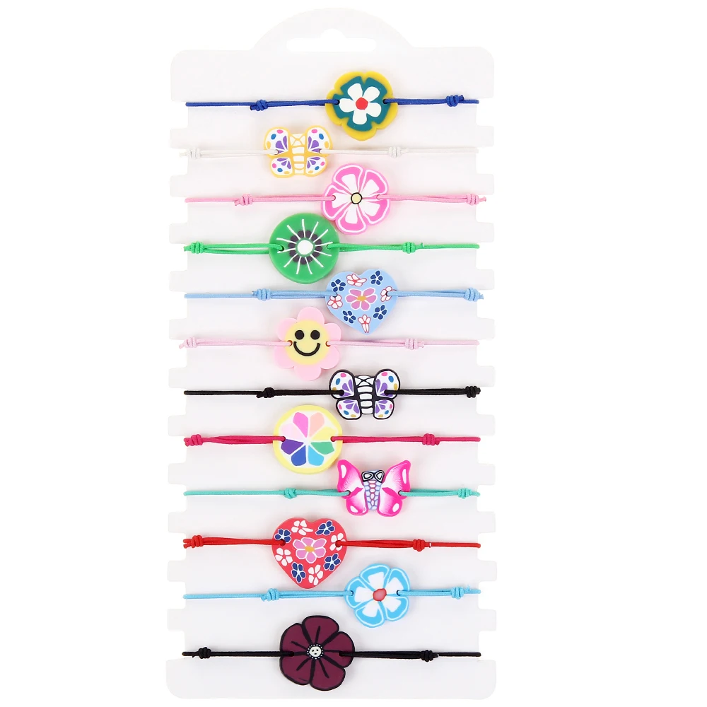 

12pcs/lot Soft Clay Flower Butterfly Braided Bracelet for Women Child Adjustable Heart Elastic Rope Chain Anklet Kids Jewelry