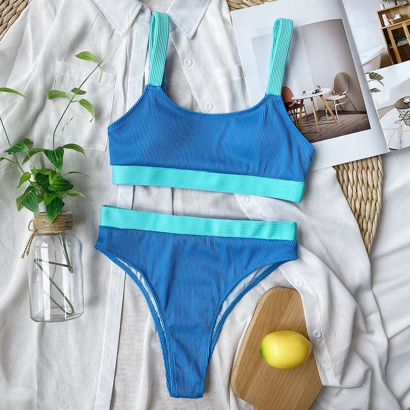 

Female Swimsuit High Waist Bikinis 2021 Women Swimwear Two-pieces Bikini set Ribbed Splicing Bather Bathing Suit Swim Lady