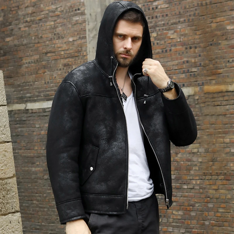 Denny&ampDora New Mens B3 Shearling Jacket Black Leather Hooded Fur Coat Short Sheepskin Winter Coats